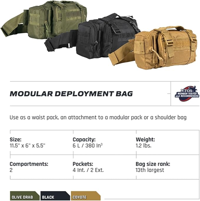FOX OUTDOOR PRODUCTS Modular Deployment Bag | Tactical Waist Pack Go-Bag &amp Pack Attachment with Organizer Pockets &amp Webbing