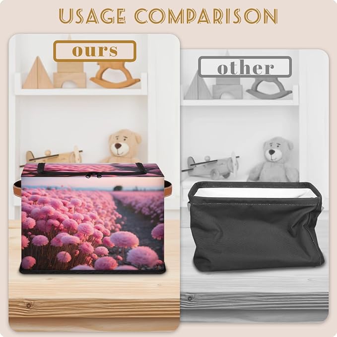 KOBLEN Pink Floral Print Storage Basket Collapsible Rectangular Storage Bins with Zipper Lid Handle Closet Shelf Cloth Organizer Basket for Nursery Bedroom Clothes Toy