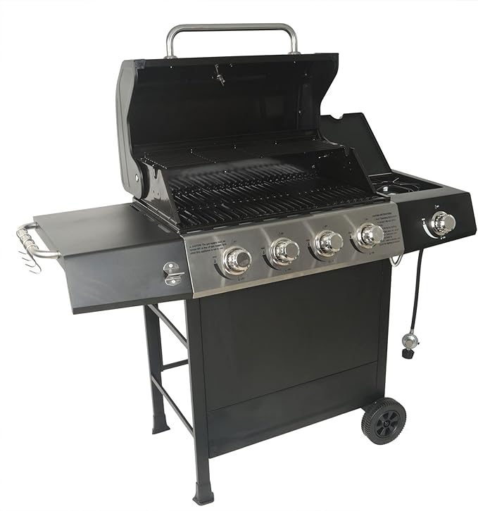 Grill Boss 4 Burner Propane Gas BBQ Portable w/ Lid Wheels &amp Side Shelves Black - Grilling Accessories and Equipment for Camping Tailgating Outdoor Barbecue and Cooking