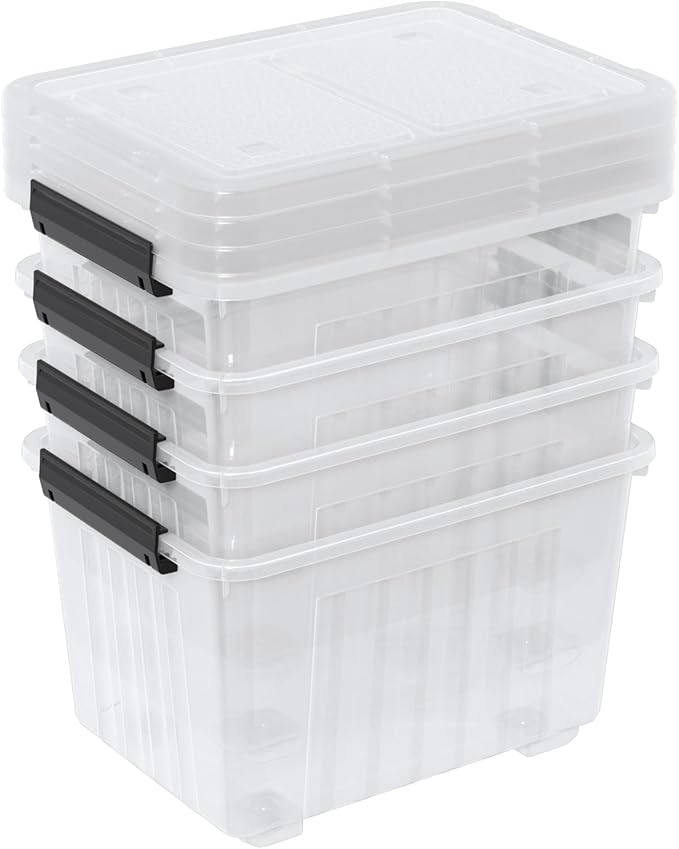 Cand 30 Quart Plastic Storage Boxes with Wheels 4 Pack Latching Lidded Storage Bins Clear