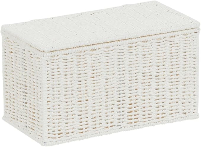 Household Essentials Small Wicker Basket with Lid Multipurpose Storage Basket for Bathrooms Shelves Desks Vanities Closets and More White
