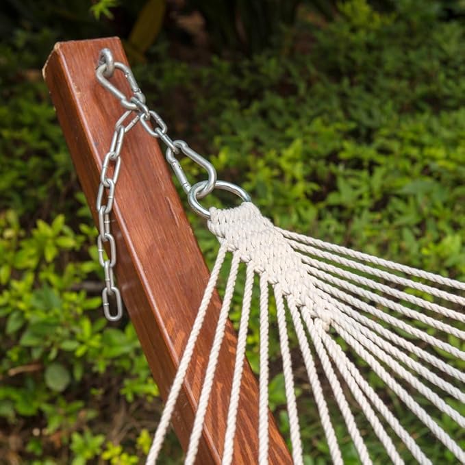 Lazy Daze Hammocks Double Rope Hammock 2 Person Traditional Outdoor Hand Woven Cotton Rope Hammock with Spreader Bar Carabiners Tree Straps Chains for Patio Yard - Max 450 Lbs Natural
