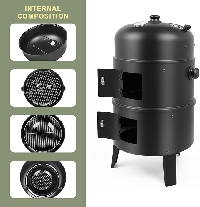 Charcoal BBQ Smoker 16 Inch Heavy Duty Grill with 2 Cooking Area and Thermometer 4 In 1 Vertical Smokers Grill for Outdoor Camping Backyard Picnic Party