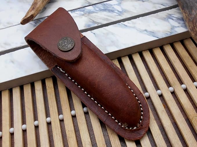 Laguiole Folding Damascus Steel Knife 8.6 Long with 4.1 Hand Forged Custom Twist patren Blade. Wine 2 Tone Dollar Wood &amp Brass Bolster Scale. Cow Hide Leather Sheath Included (White)