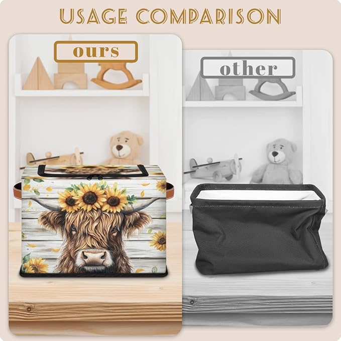 Highland Cow Storage Bins with Zipper Lid Rustic Sunflower Fabric Lidded Storage Baskets Cubes with Handles Decorative Foldable Shelf Closet Organizer Container