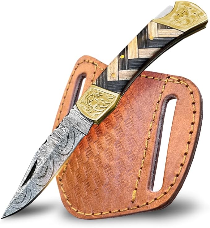Handmade Damascus Pocket Knife with Sheath 7 Folding Hunting Knife with Wood Handle Small Camping Knife for Outdoor