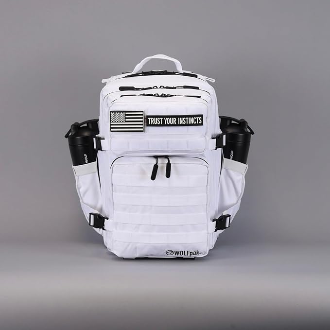 WOLFpak 35L Tactical Gym Backpack (Polar White) Durable 1000D Waterproof Oxford Material with MOLLE Webbing Laptop Pocket &amp Dual Cup Holders Durable Fitness/Travel/Military Daypack