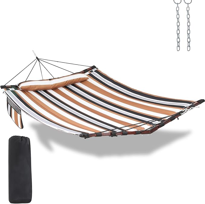 TegerDeger 12FT 2 Person Hammock Large Hammock 450LB Capacity with V Shaped Hardwood Spreader Bar &amp Nylon Rope for Outside Patio Garden Backyard Beach Poolside - Coffee Stripes