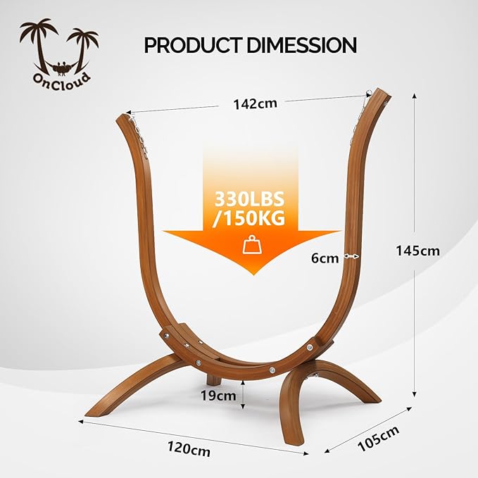 ONCLOUD Hammock Chair with Wooden Stand Curved Hanging Chair Set with Throw Pillow Portable Wooden Hammock Chair for Outdoors 330LBS (Teak)