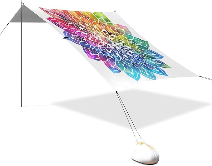 ALAZA Gradient Mandala Rainbow Beach Tent Sun Shelter UPF50+ Protection Beach Shade Canopy w/ 4 Sandbags for Outdoor Camping Fishing Backyard Fun Picnic 10x9 ft