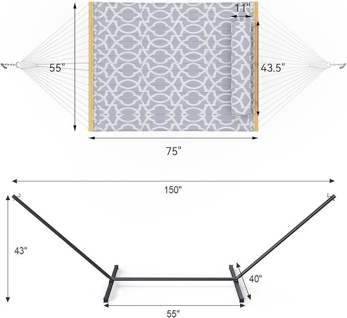 Everyfun 2 Person Outdoor Hammock with Stand Cotton Rope Hammock with Polyester Pad Adjustable Steel Frame Portable with Carrying Bag – for Patio Backyard Garden Beach White-Gray