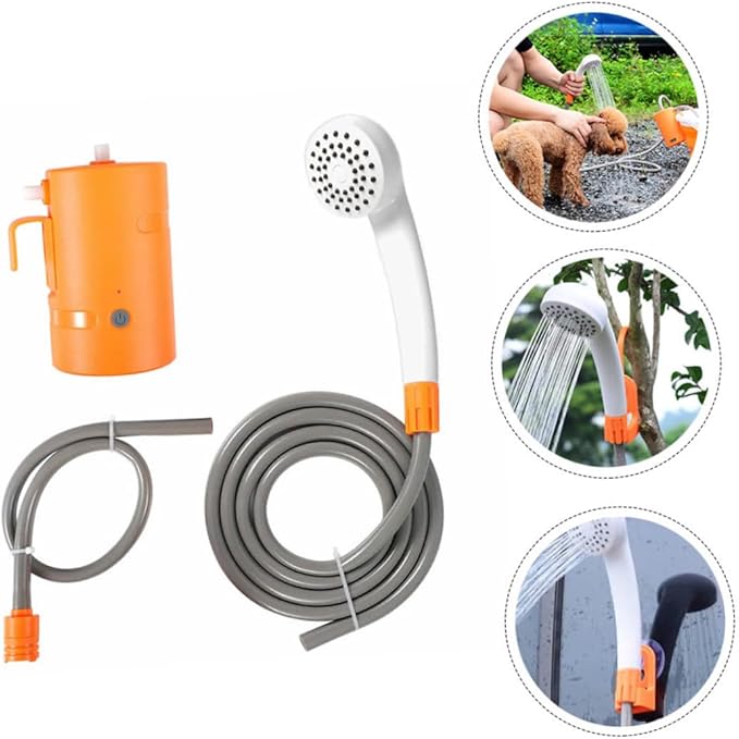 1Set Camping Shower with Lighting Durable Outdoor Shower Head for Camping Hiking Car Washing Pet Cleaning Fully Charged for Use Orange