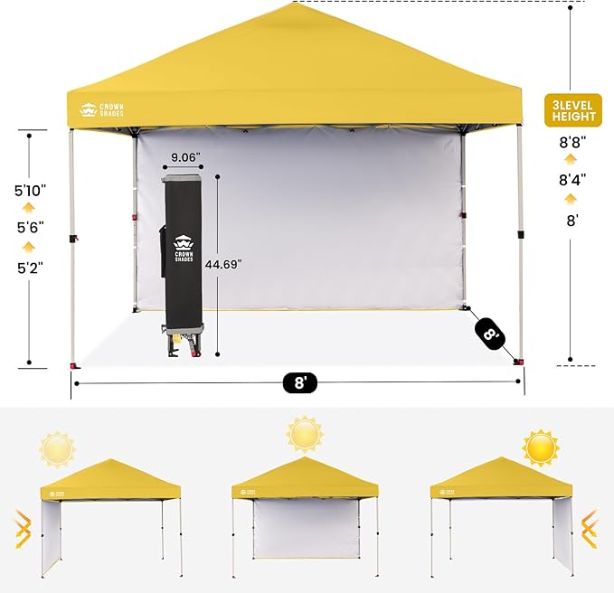 CROWN SHADES 8x8 Pop Up Canopy with 1 Side Wall - Beach Tent with One Push Setup - Outdoor Sun Shade for Events Parties Camping - Gazebo with STO-N-Go Cover Bag (Yellow)
