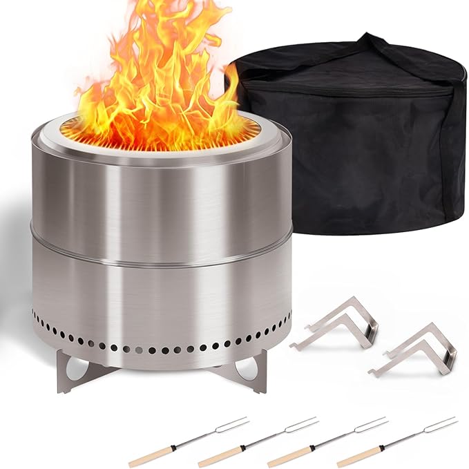 BRIOPAWS Large Smokeless-fire-pit Outdoor | 19 IN | 304 Stainless-Steel-Firepit | Portable Solo Fire Pits for Outside Camping | Low Smoke Stove | Wood Burning Chimenea Inclu. Bag BBQ Forks Handles