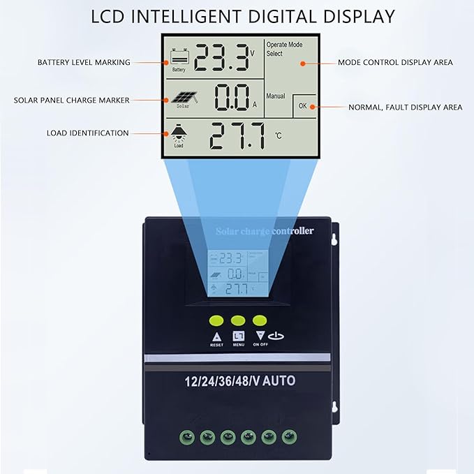 MPPT Solar Charge Controller 100A LCD Display 7 Working Modes 12V-48V Auto Adaptive Dual USB 5V Ports for Sealed Gel Flooded LifePO4 Battery