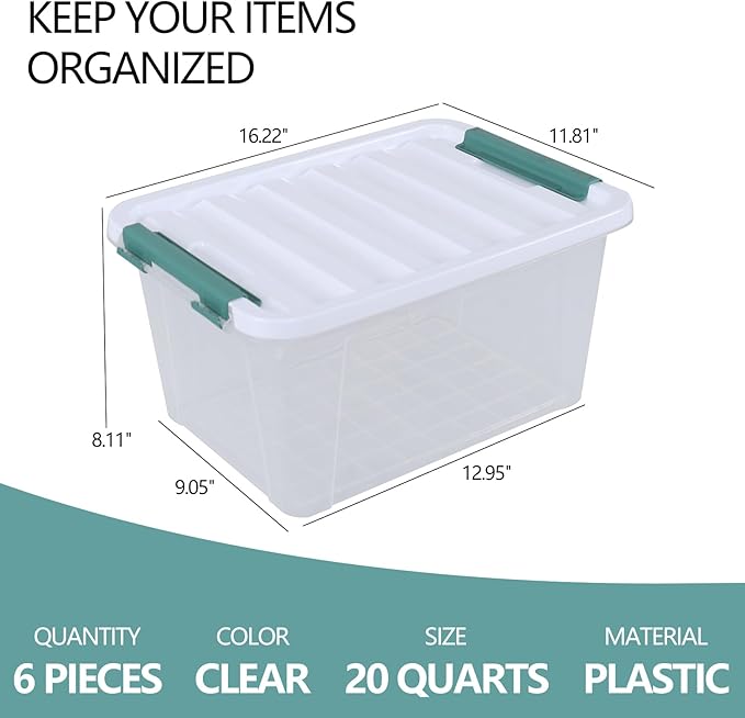 20 Quart Clear Storage Latch Box Set of 6 Plastic Storage Containers with Lids
