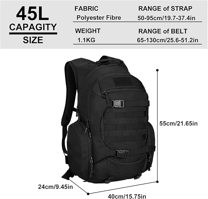Tactical Travel Backpack Large Military Tactical Assault Pack 3 Day Heavy Duty Camping Rucksack 45L Hiking Bags (Black)