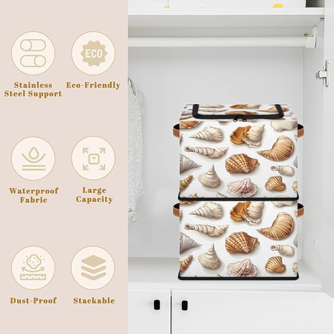 Seashell Storage Box with Lid Ocean Theme Collapsible Storage Bins Baskets Cubes Closet Shelf Clothes Organizer Containers with PU Leather Handles