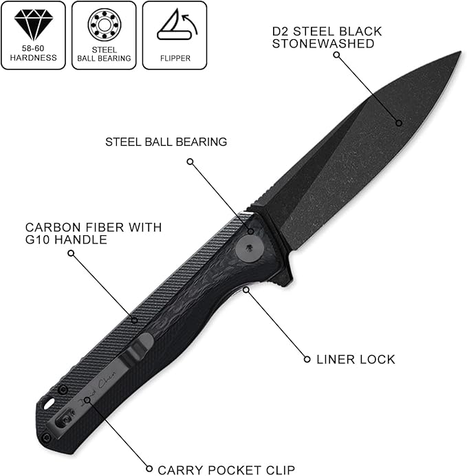 Petrified fish PF8183.54 D2 Blade104g G10 Handle Flipper Folding knife (Carbon fiber with G10 handle Black stonewashed)
