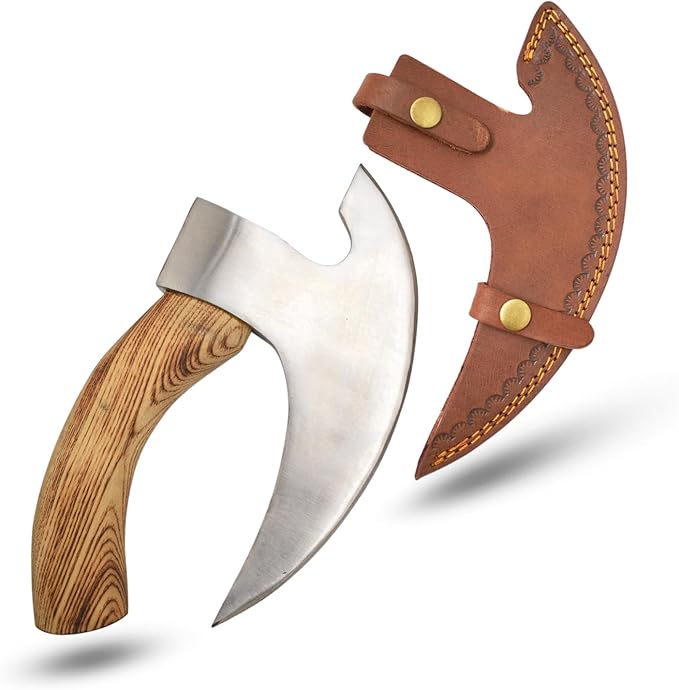 Handmade Ulu Kitchen Mini-Axe Knife Rose Wood Handle Comes with Leather Sheath (6009-P)