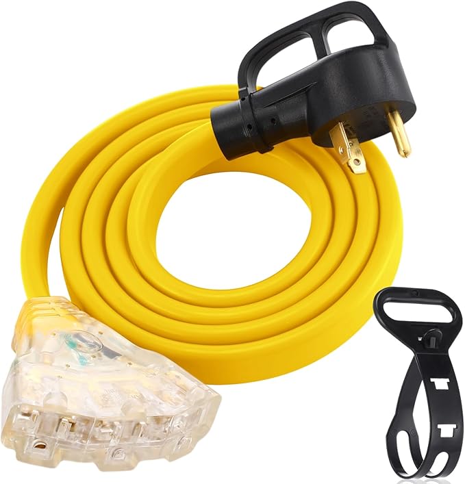 Tellegloww 6.6 FT Flat RV Generator Adapter Cord NEMA TT-30p to 3X 5-20R/5-15R 30A to 110V 15/20 A Household Outlet Adapter 10 Gauge Flat Rv Generator Extension Cord Etl Listed Yellow