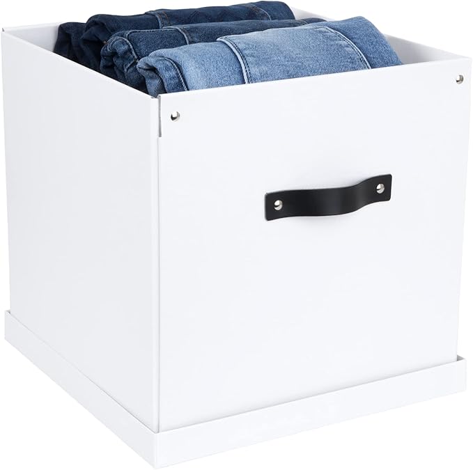 Bigso Logan Storage Box KD | Storage Cubes with Lid for Shelves and Cubical Room Organizers | Collapsible Storage Cube with Leather Handle for Organization | 12.4’’ x 12.4’’ x 12.2’’ | White