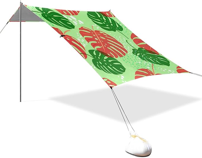 Beach Canopy with Windproof Ropes &amp Sandbags Beach Tent Sun Shade Sun Shelter for Camping Trips Fishing Backyard Fun or Picnics Leaf
