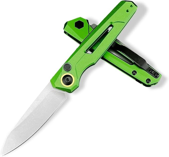 HUAAO Manually Operated Button-Lock Knife Men's Folding Pocket Knife Stonewashed Reverse Edge Aluminum Handle With A Reversible Deep Pocket Clip EDC Outdoor Camping Tool (Green)
