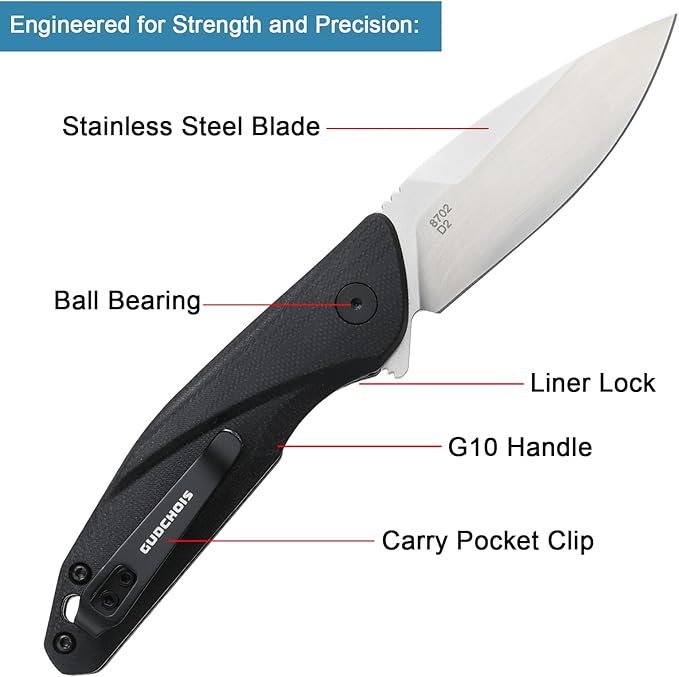 Folding Pocket Knife 2.96 D2 Steel Blade G10 Handle CNC Machined Grip EDC Knife with Pocket Clip for Camping Hiking Hunting