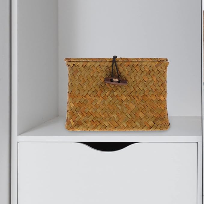 Hand Woven Lidded Storage Basket Woven Basket for Home Desktop Organizer Rattan Box