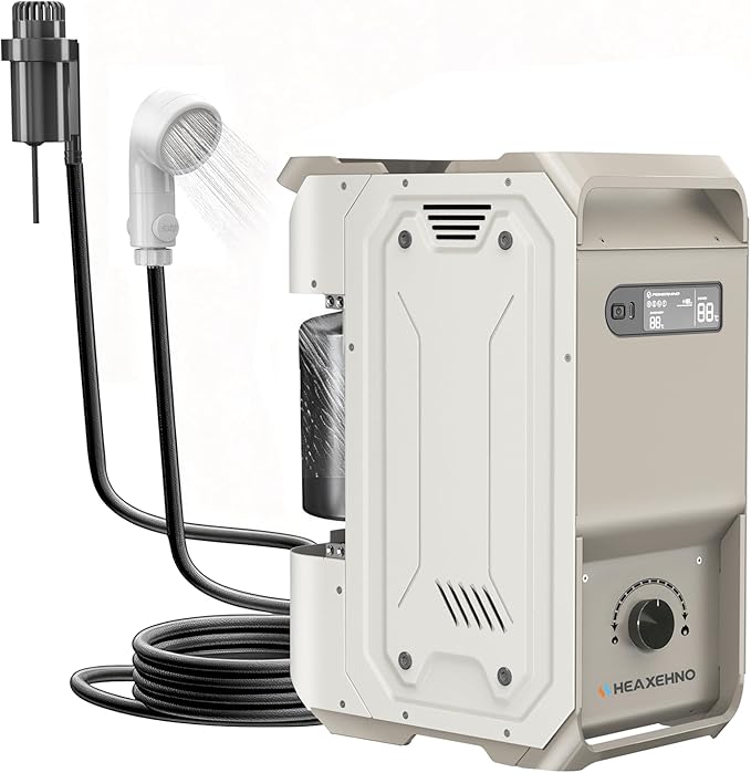 Portable Camping Shower - Instant 3-Second Water Heater with a Rugged All-Metal casing. 4 liters/Minute Ideal for Family Weekend Camping Trips and getaways (E1 Model)