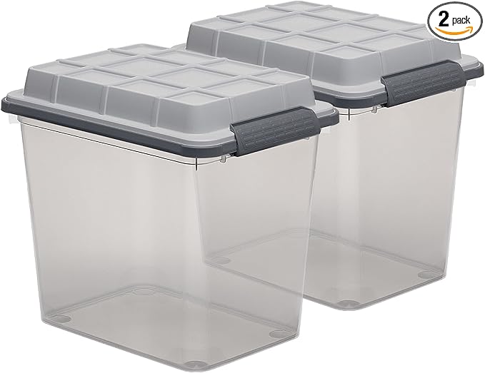 Curver Set of 2 Medium Latch PRO 29QT Heavy Duty Water Resistant Plastic Organization and Storage Box with Extra Capacity Latching Lid Transparent Grey