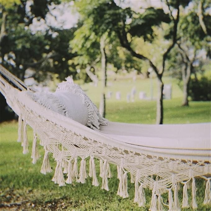 Portable Hammock Portable Hammock Can Bear 150kg Cotton Fabric Swing for Patio Porch Garden Backyard Use Tassel Hammocks for Backpacking Beach (Color : White Size : 200 * 150cm)