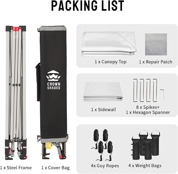 CROWN SHADES 12x12 Pop Up Canopy Tent Instant Commercial with 150D Silver Coated Fabric Including 1 Removable Sidewall 4 Ropes 8 Stakes Weight Bags STO 'N Go Bag White
