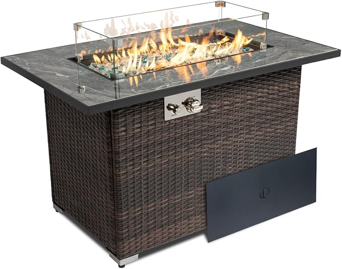 44in Outdoor Propane Gas Fire Pit Table 50000 BTU Auto-Ignition Gas Firepit with Glass Wind Guard Marble Tile Tabletop Mixed Color Glass Rocks Brown PE Rattan