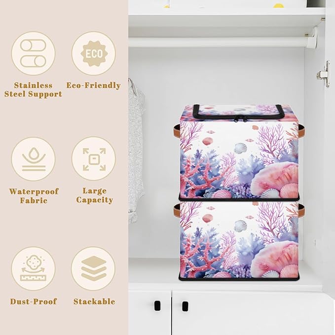 Seashell Coral Storage Box with Lid Ocean Beach Collapsible Storage Bins Baskets Cubes Closet Shelf Clothes Organizer Containers with PU Leather Handles