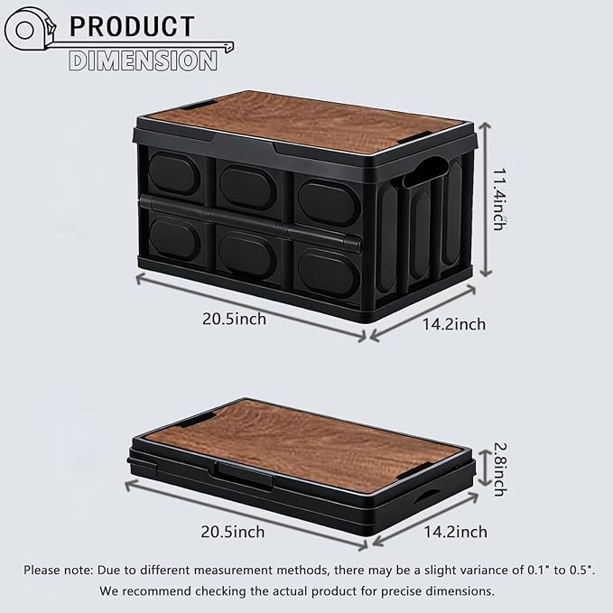 CTESNE【3-in-1 Wooden Lid 32L Storage Bins with Lids and HandlePortable Foldable Storage Box Plastic Stackable Storage Bins for Camp Car RV Office (Black)