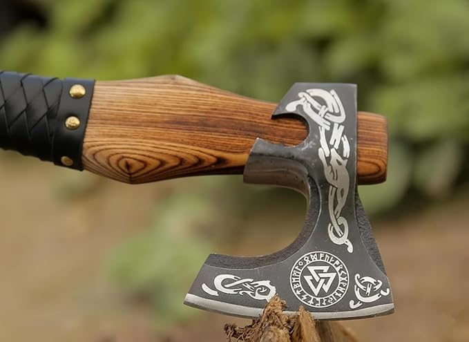 Viking Axe Ashwood Handle Handmade Carbon Steel Blade Outdoor Camping Hunting Norse Hatchets Axes with Black Leather Wrapped Handle &amp Leather Sheath Wood Splitting Axes