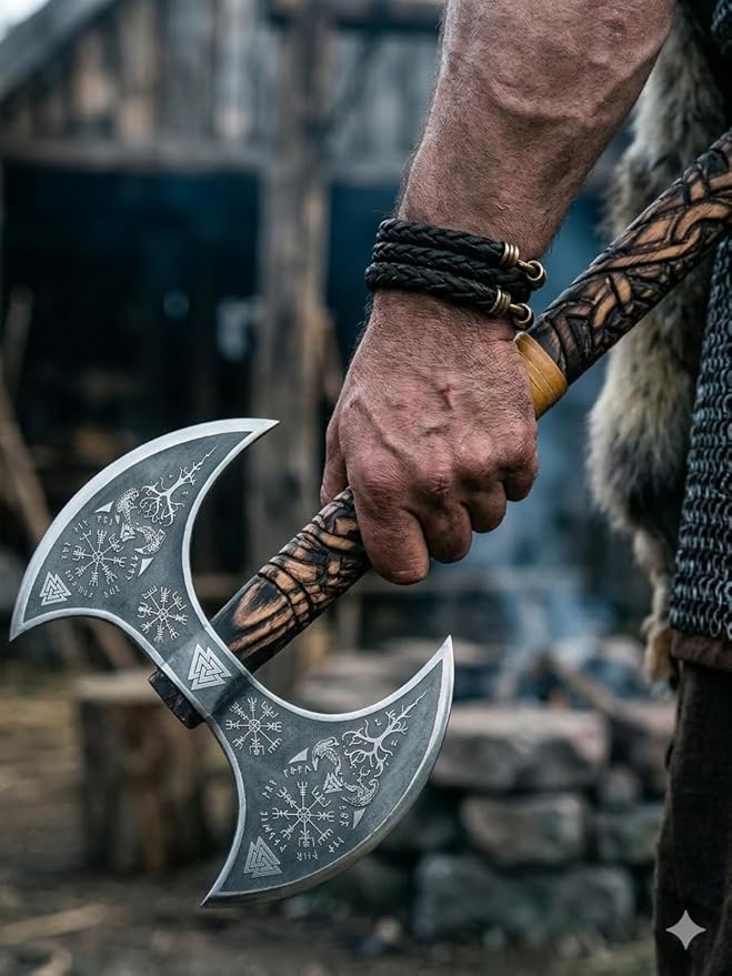 Medieval Viking Double Headed Axe – Double Sided Axe - Full Engraved Beautiful BattleVikings Twin Blades Authentic Two Sided Hatchet Norse Berserker Ax Carved Shaft with Leather Sheath