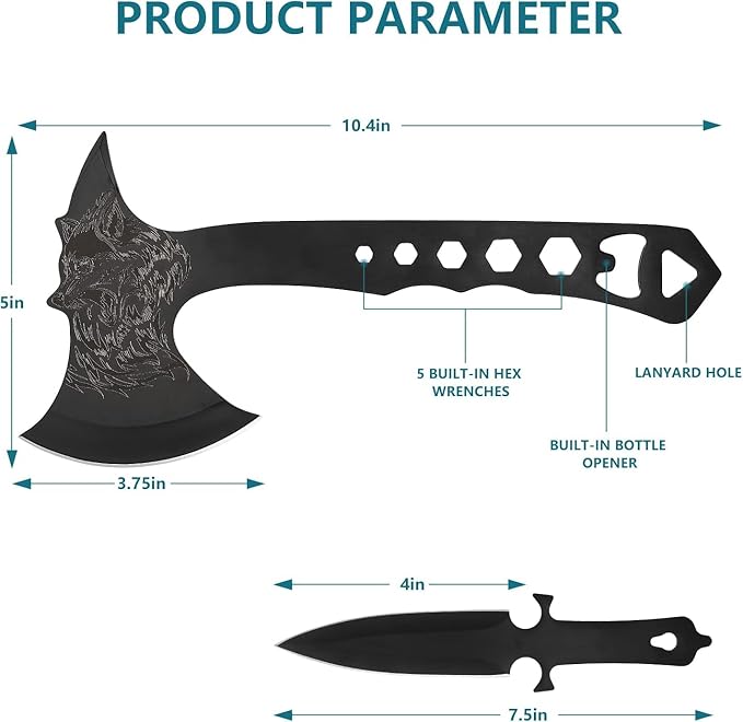 Throwing Axe and Tomahawk 3 Pack Protective Nylon Sheath with Built-in Corkscrew10.4 Full Tang Stainless Steel Throwing Tomahawk