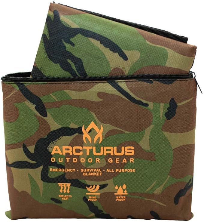 Arcturus Insulated Tarp Reusable Heavy Duty Thermal Survival Blanket – 60x82in Reflects 90% Body Heat Waterproof Windproof 3-Layer Design Reinforced Grommets Woodland Camo