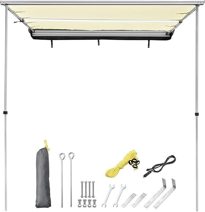 Car Side Awning with LED Light Pull Out Tent Shelter PU2000mm UV50+ Shade SUV Outdoor Camping Beige 6.6x8.2'