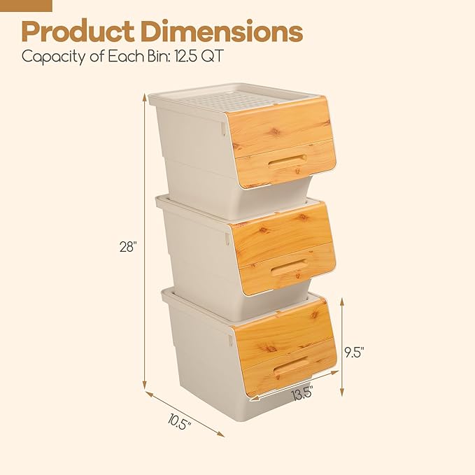 Giantex Plastic Stackable Storage Bins with Lids &amp Wheels 6 Pack Open Front Stacking Bins Organizer Bins for Pantry Kitchen Laundry Closet Playroom Bedroom Organization （12.5 QT）