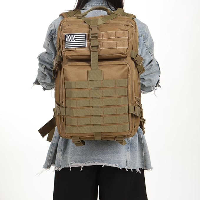 50L Sturdy Nylon Waterproof Fishing Hunting Backpack Outdoor Military Rucksacks Tactical Sports Camping Hiking (Khaki)