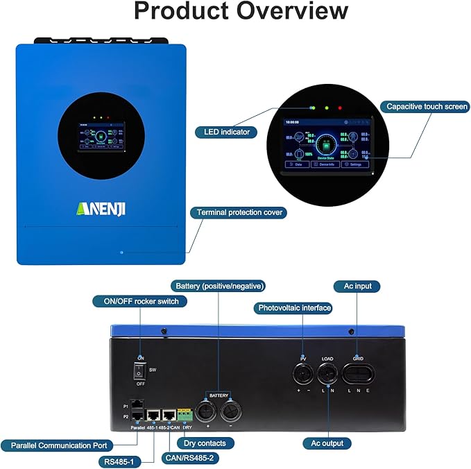 Hybrid Solar Inverter 6KW 48V Split Phase 120V Dual MPPT Charger ParallelMax PV Charging Current 120AMax. PV Input 9KW 500VDC Support 6 Units Parallel for Lead Acid Li Batteryless Run