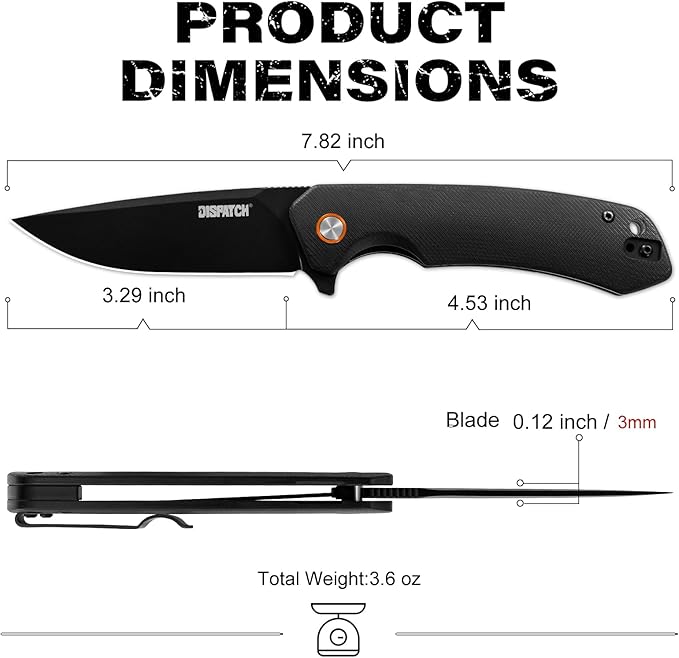DISPATCH Black EDC Folding Knife with 3.3'' D2 Steel Blade Flipper Pocket Knife for Men Gifts Ball Bearing Liner Lock CNC G10 Handle and Reversible Clip for Tactical Camping Hiking and Everyday C