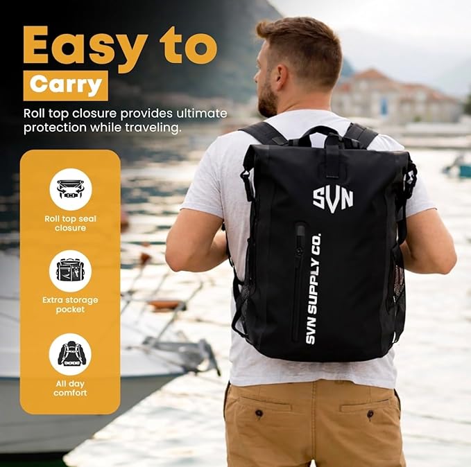 SVN Supply Co. Heavy-Duty Waterproof Backpack – Roll-Top Dry Bag for Hiking Kayaking Camping &amp Outdoor Adventures – Padded Shoulder Straps (Black)