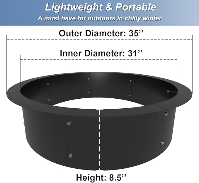Round Outdoor Fire Pit Ring Insert 31-Inch Inner 35-Inch Outer Diameter Heavy Duty Metal Steel DIY Firepit Liner Campfire Rings for Outside Wood Burning Above or In-Ground Black