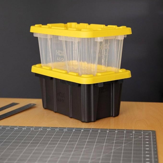 6.5 Quart (1.6 Gallon) Small Tough Storage Tote with Yellow Snap Lid Black Stackable &amp Nestable Heavy-Duty Plastic Organizing Bins 4-Pack