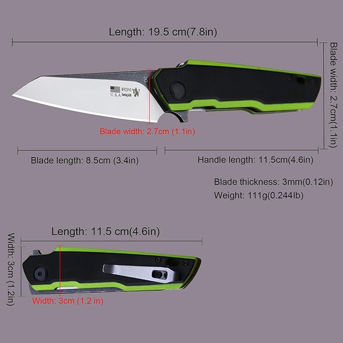 WPKOPYA 7.8in Folding Pocket Knife with D2 Steel Blade G10 Handle Ball Bearing Pivot Stonewashed Finish – Outdoor EDC Utility Tool for Camping Hiking Survival Use(G10 - Black/Green)